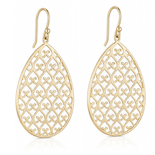 A pair of gold teardrop-shaped dangle earrings with an intricate openwork filigree pattern, shown on a clean white background with a soft reflection.