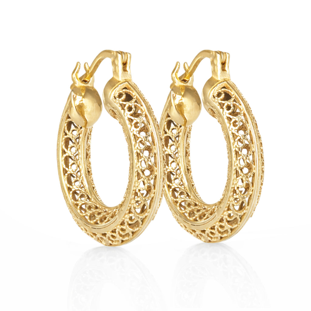 Stunning Gold Filigree Hoops – Artisan Handcrafted Small Hoops, 1-Inch Vintage-Inspired Jewelry