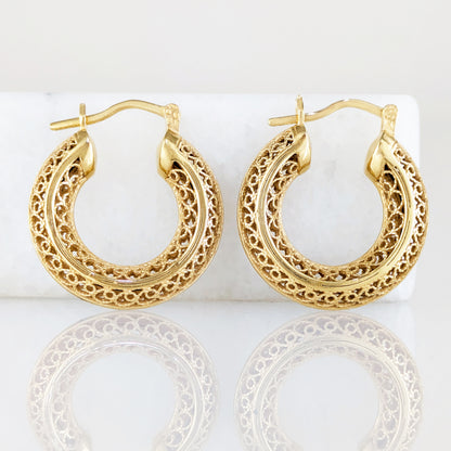 Stunning Gold Filigree Hoops – Artisan Handcrafted Small Hoops, 1-Inch Vintage-Inspired Jewelry
