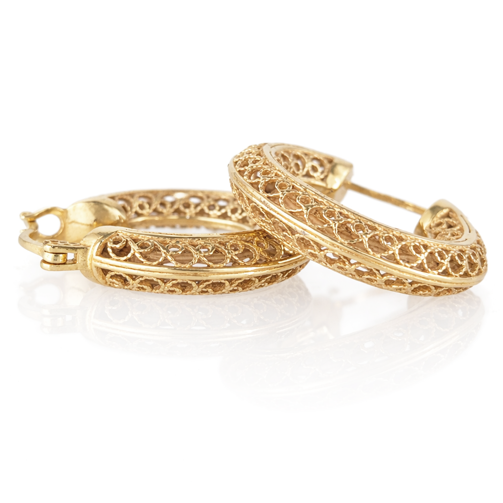 Stunning Gold Filigree Hoops – Artisan Handcrafted Small Hoops, 1-Inch Vintage-Inspired Jewelry