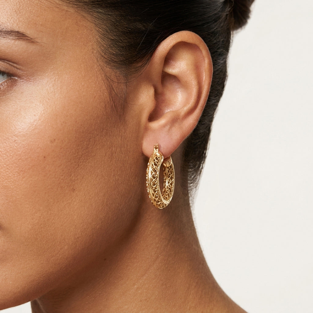 Stunning Gold Filigree Hoops – Artisan Handcrafted Small Hoops, 1-Inch Vintage-Inspired Jewelry
