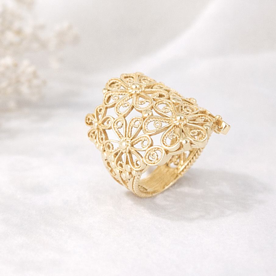 18K Gold Plated Floral Scrollwork Filigree Ring