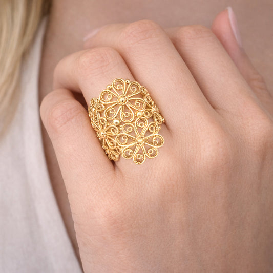 18K Gold Plated Floral Scrollwork Filigree Ring