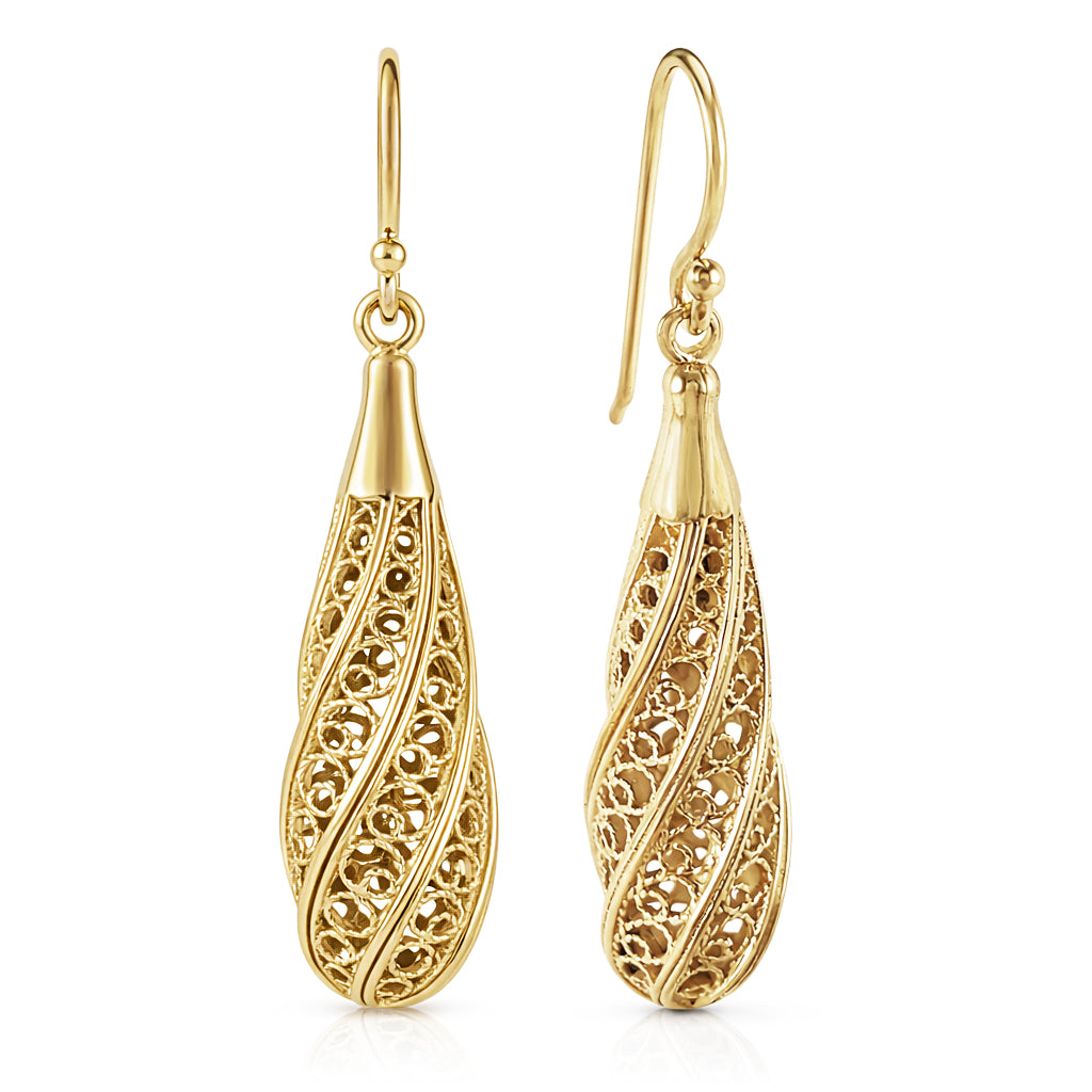 Long Swirl Filigree Drop Earrings with Twisted Pattern