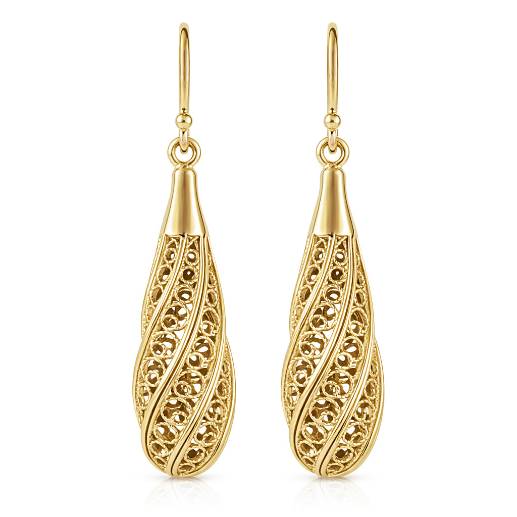 Long Swirl Filigree Drop Earrings with Twisted Pattern
