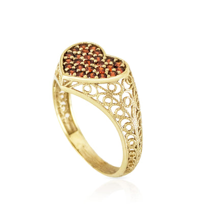 Heart Filigree Ring with Red Cubic Zirconia – Romantic Gold Statement Ring
