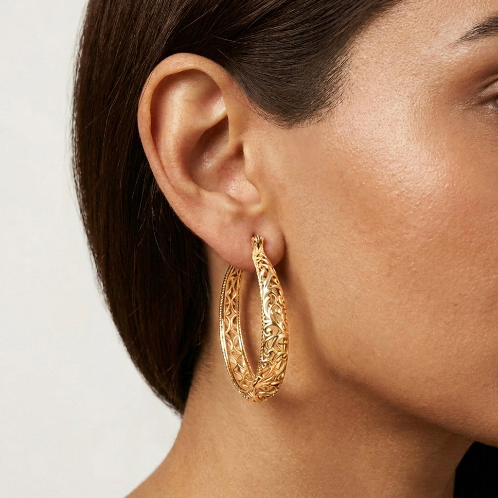 Large Graduated Hoop Earrings with Scrollwork Detailing – 35mm Design