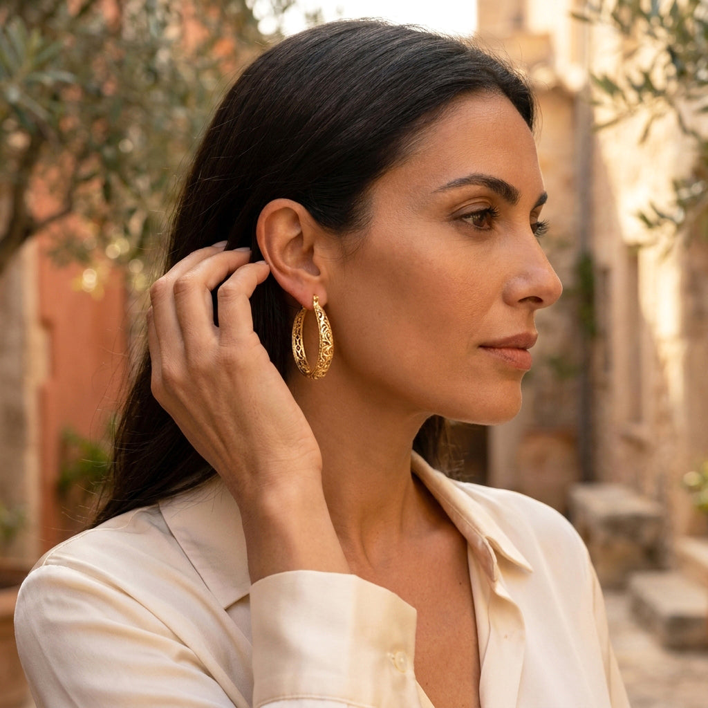Large Graduated Hoop Earrings with Scrollwork Detailing – 35mm Design