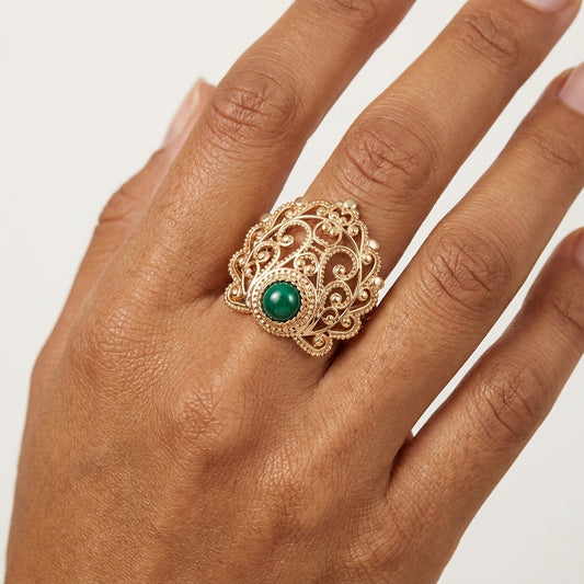 Peacock Tail Filigree Ring with Agate Cabochon