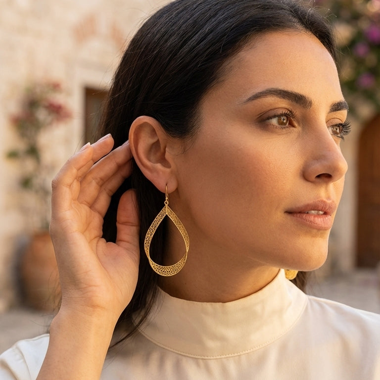 Elegant Gold Teardrop Filigree Earrings – Handcrafted Artisan Statement Dangles