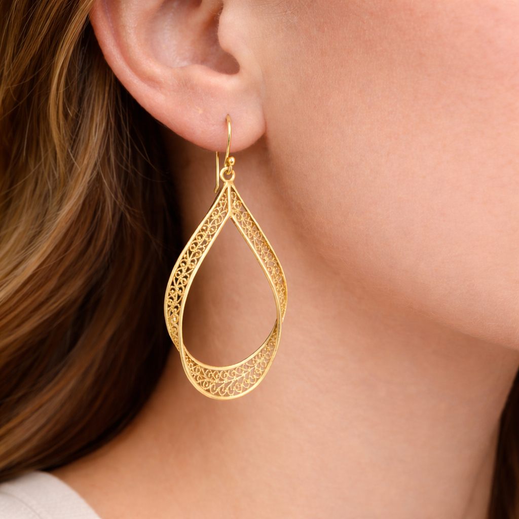 Elegant Gold Teardrop Filigree Earrings – Handcrafted Artisan Statement Dangles