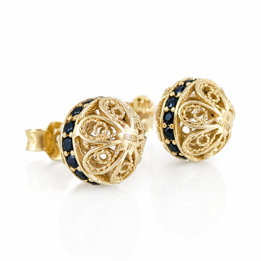 Black Spinel Stud Earrings – Petite Filigree Ball Design in Gold