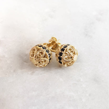 Black Spinel Stud Earrings – Petite Filigree Ball Design in Gold