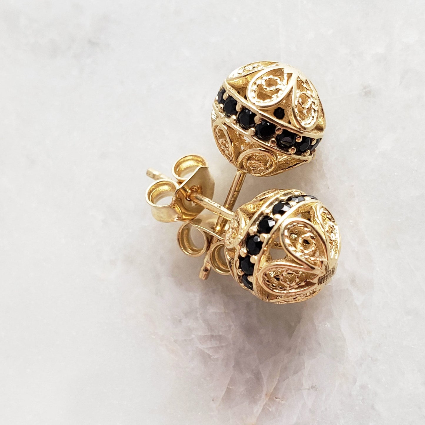 Black Spinel Stud Earrings – Petite Filigree Ball Design in Gold