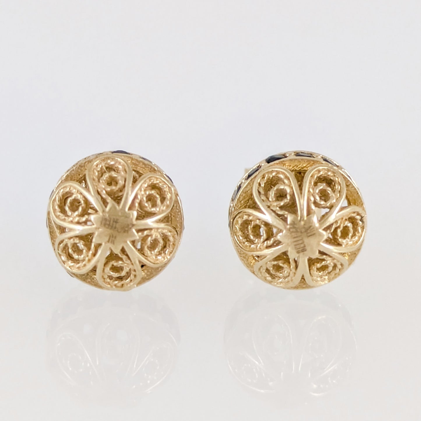 Black Spinel Stud Earrings – Petite Filigree Ball Design in Gold