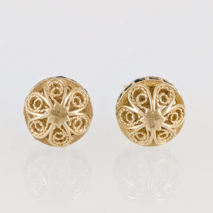 Black Spinel Stud Earrings – Petite Filigree Ball Design in Gold