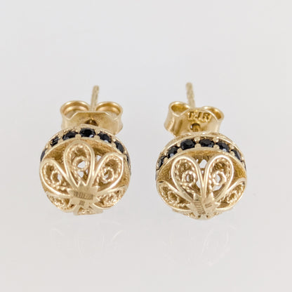 Black Spinel Stud Earrings – Petite Filigree Ball Design in Gold
