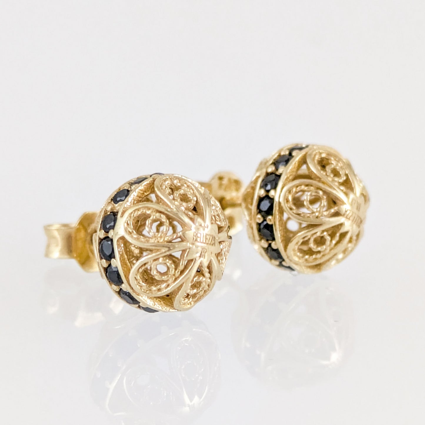 Black Spinel Stud Earrings – Petite Filigree Ball Design in Gold