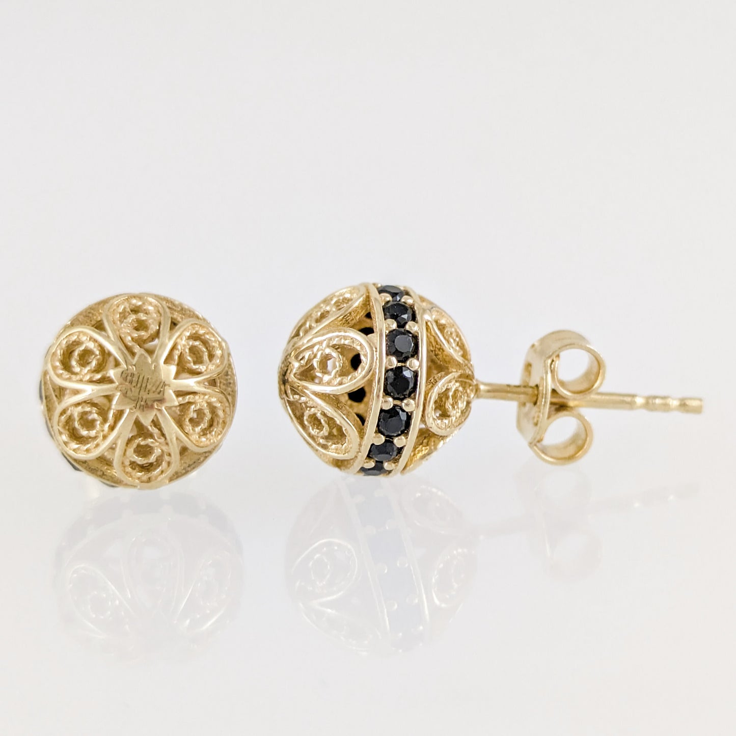 Black Spinel Stud Earrings – Petite Filigree Ball Design in Gold
