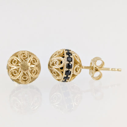 Black Spinel Stud Earrings – Petite Filigree Ball Design in Gold