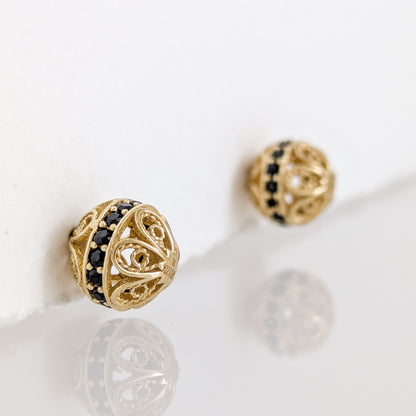 Black Spinel Stud Earrings – Petite Filigree Ball Design in Gold
