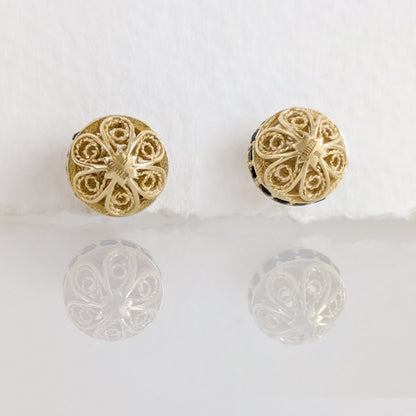Black Spinel Stud Earrings – Petite Filigree Ball Design in Gold
