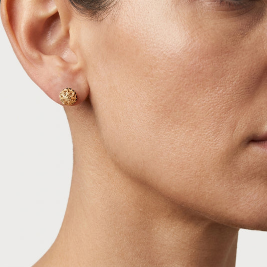 Black Spinel Stud Earrings – Petite Filigree Ball Design in Gold