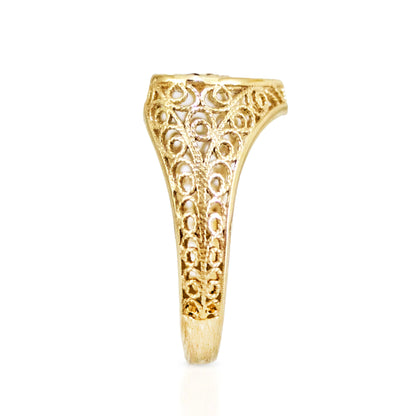 Heart Filigree Ring with Red Cubic Zirconia – Romantic Gold Statement Ring