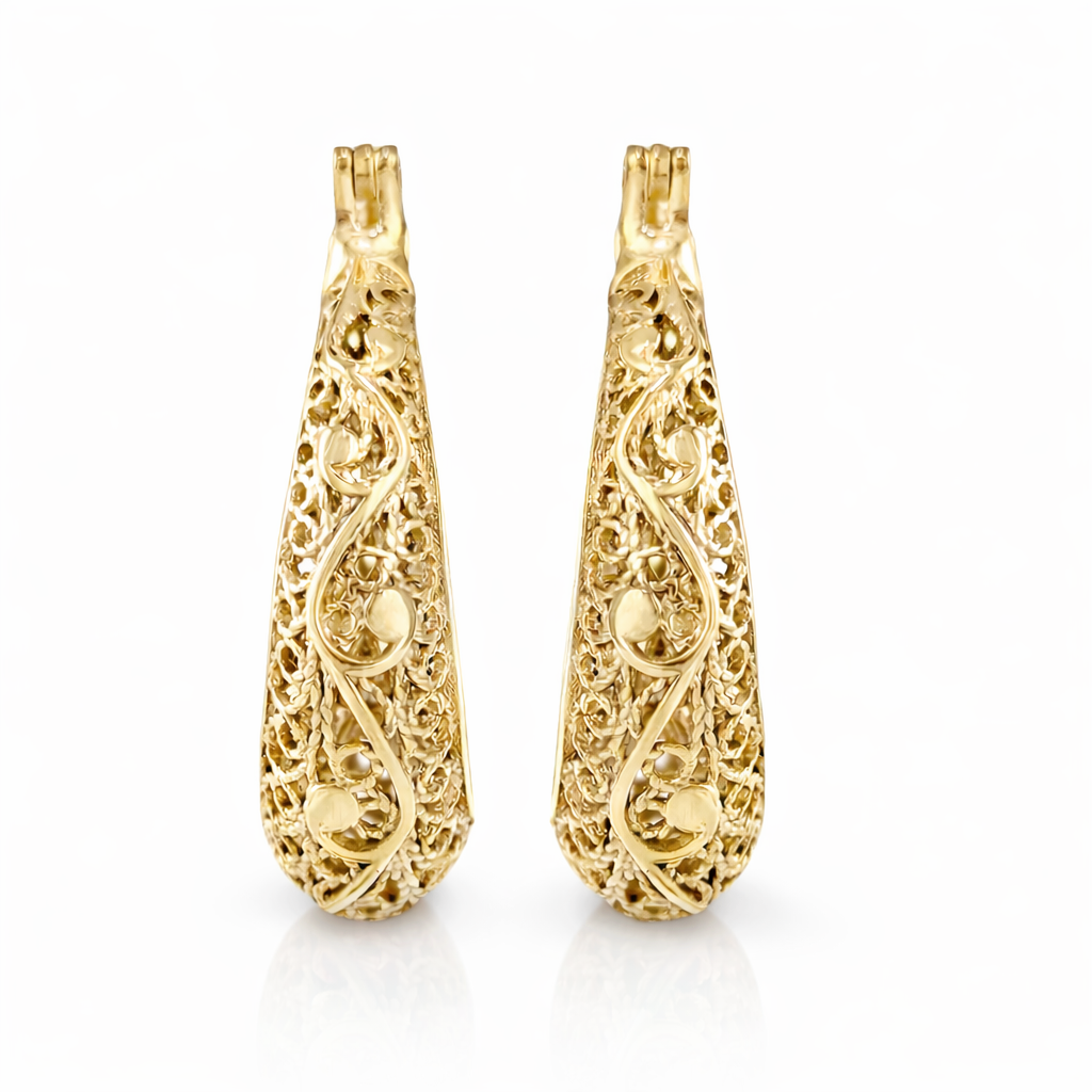 Elegant Filigree Gold Hoop Earrings with Intricate Scrollwork Design