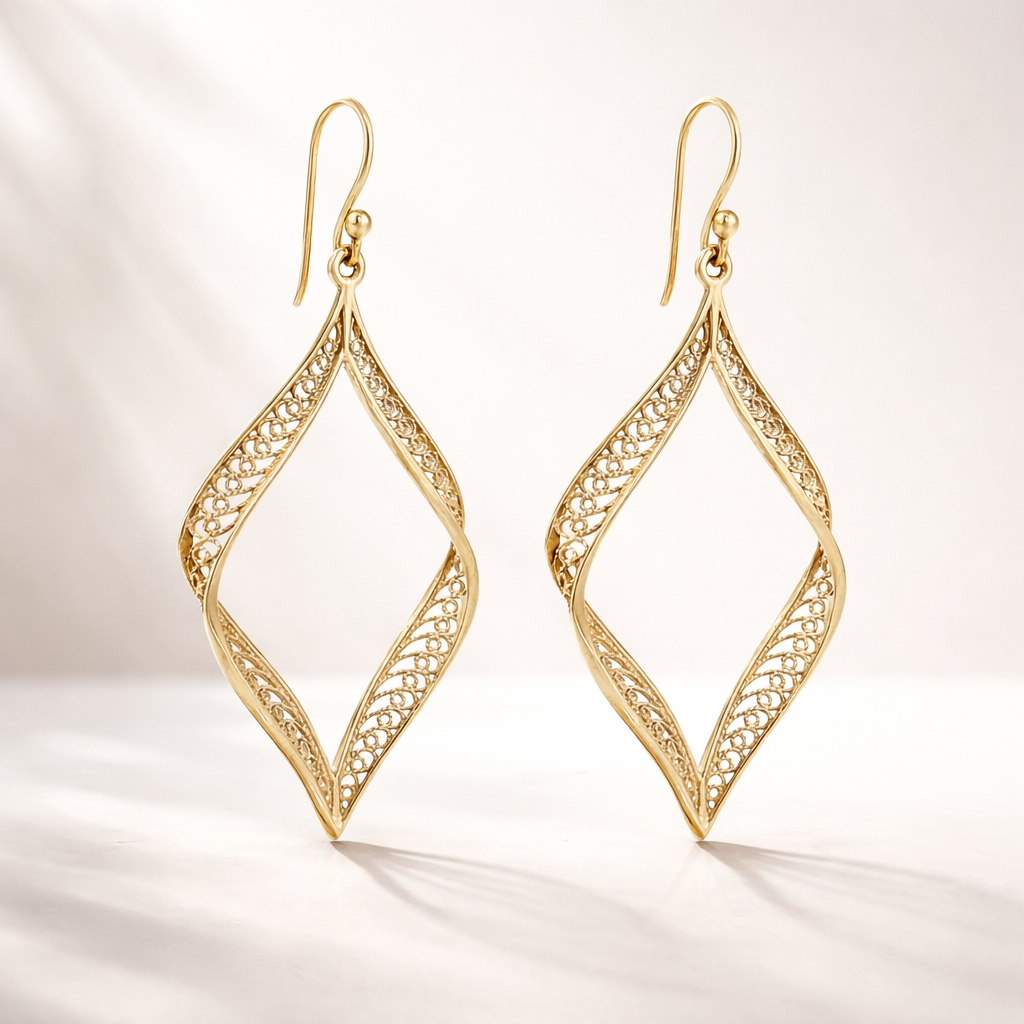 Ribbon Marquise Filigree Dangle Earrings with Sculptural Contour