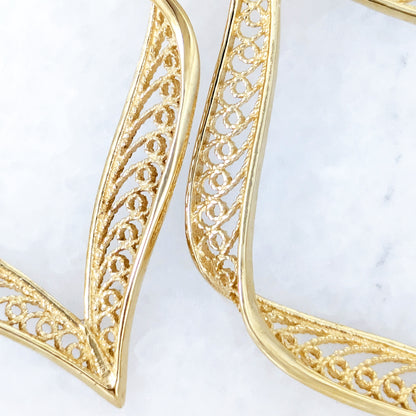 Ribbon Marquise Filigree Dangle Earrings with Sculptural Contour