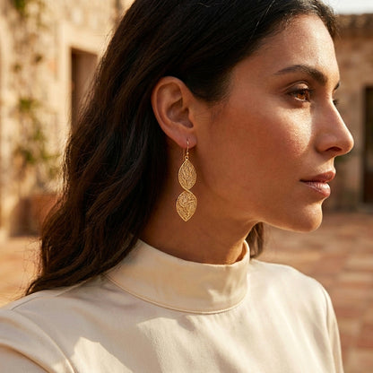 Nature Inspired Filigree Leaf Dangle Earrings – Elegant Long Earrings with Intricate Detail