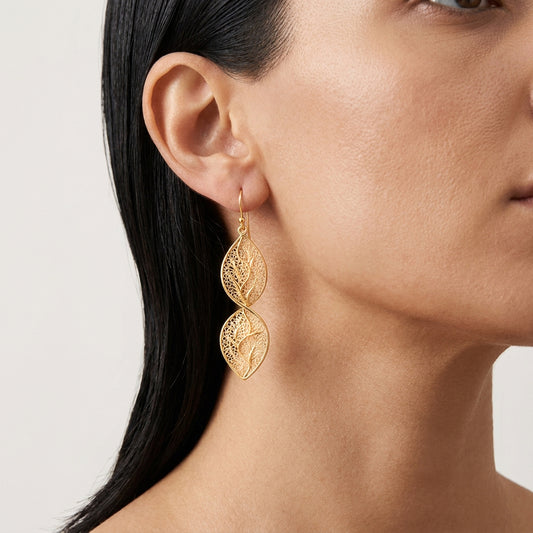 Nature Inspired Filigree Leaf Dangle Earrings – Elegant Long Earrings with Intricate Detail