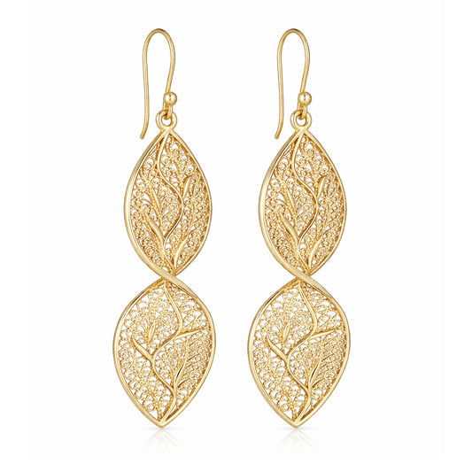 Nature Inspired Filigree Leaf Dangle Earrings – Elegant Long Earrings with Intricate Detail