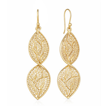 Nature Inspired Filigree Leaf Dangle Earrings – Elegant Long Earrings with Intricate Detail
