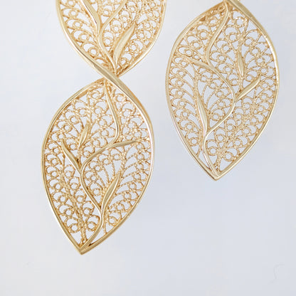 Nature Inspired Filigree Leaf Dangle Earrings – Elegant Long Earrings with Intricate Detail