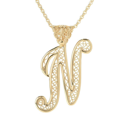 Filigree Bold Initial Pendant with Chain - TurkishBling