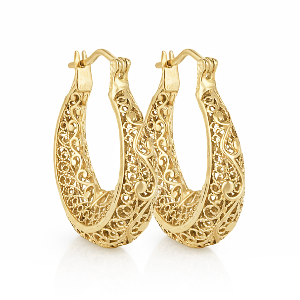 Elegant Filigree Gold Hoop Earrings with Intricate Scrollwork Design