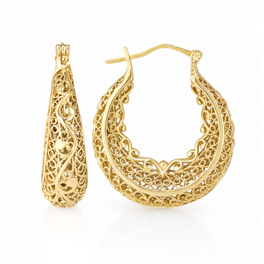 Elegant Filigree Gold Hoop Earrings with Intricate Scrollwork Design