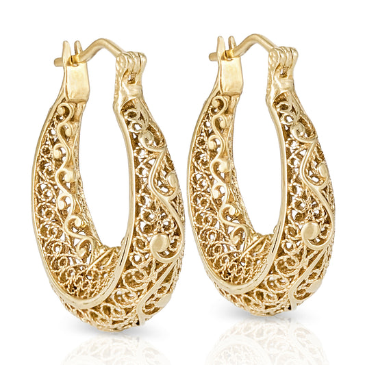 Elegant Filigree Gold Hoop Earrings with Intricate Scrollwork Design
