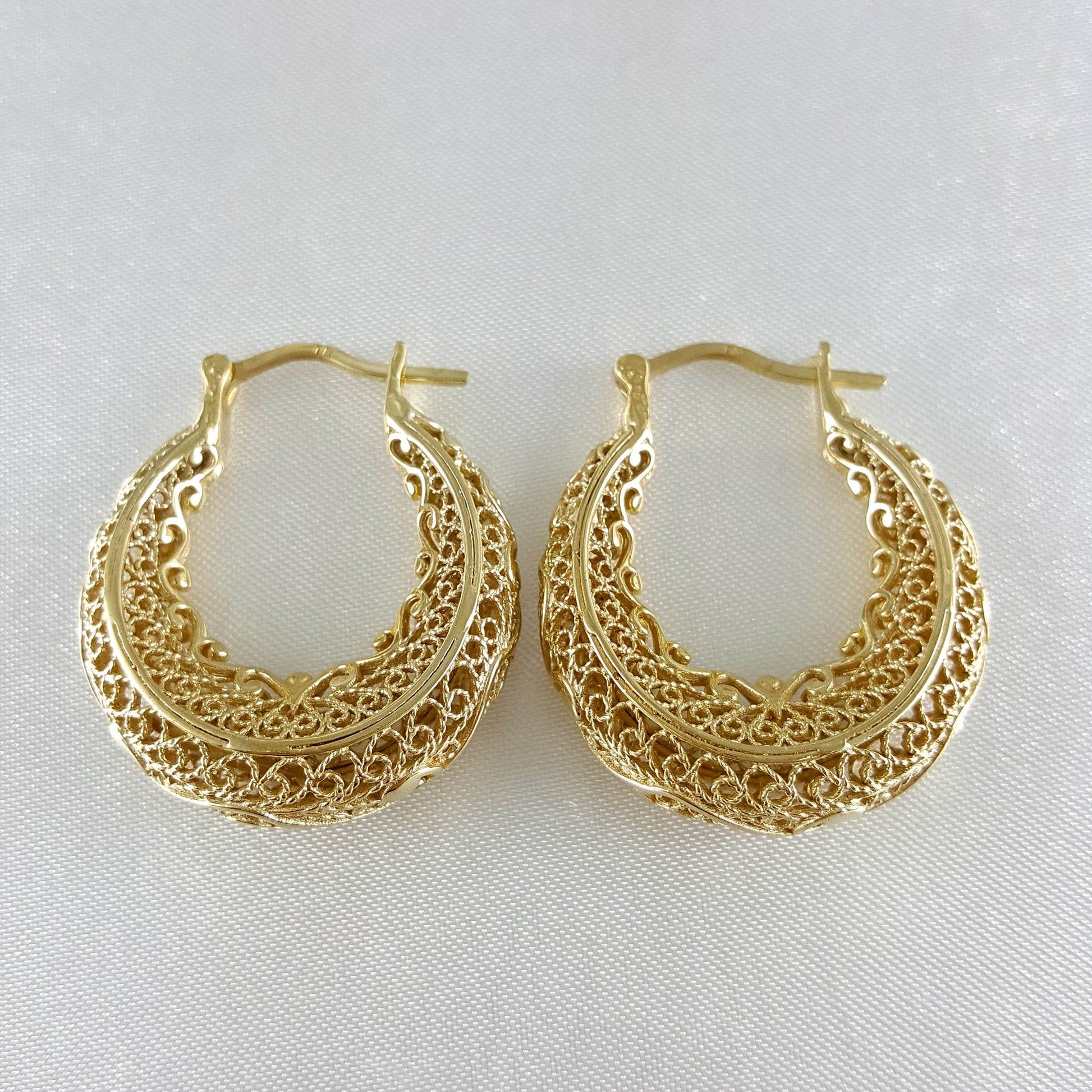 Elegant Filigree Gold Hoop Earrings with Intricate Scrollwork Design - TurkishBling