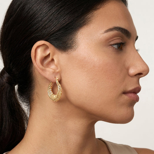 Elegant Filigree Gold Hoop Earrings with Intricate Scrollwork Design