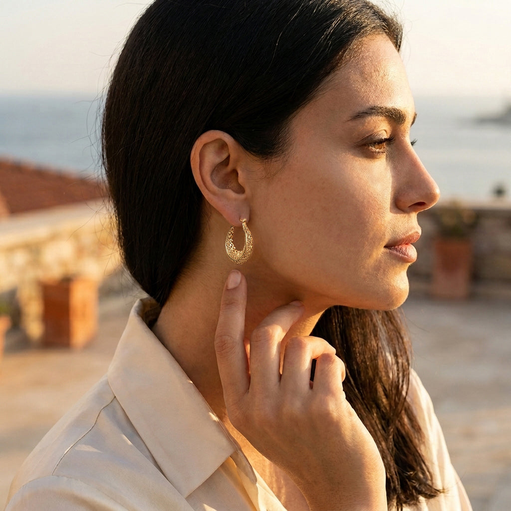 Elegant Filigree Gold Hoop Earrings with Intricate Scrollwork Design