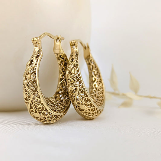 Filigree Hoop Earrings with Scrollwork Contour