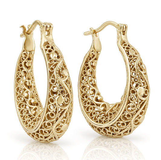 Elegant Filigree Gold Hoop Earrings with Intricate Scrollwork Design