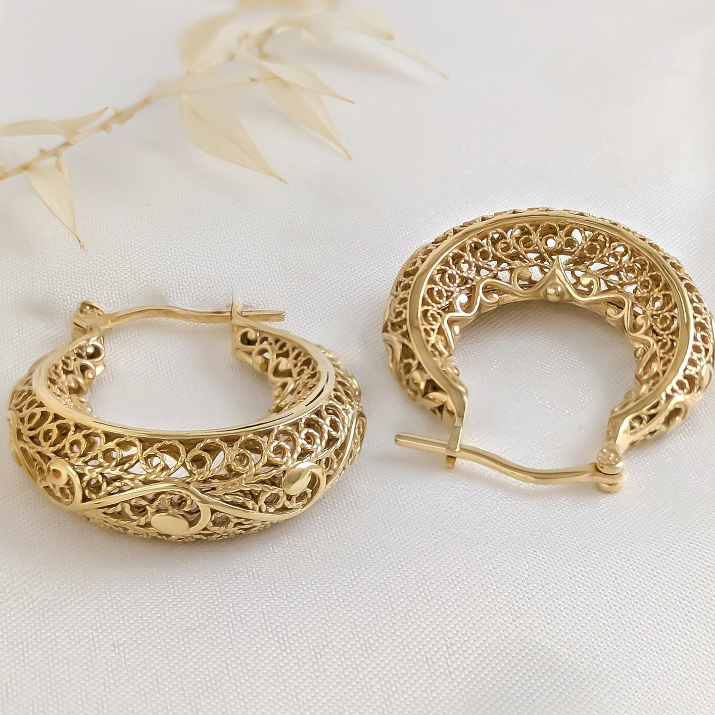 Elegant Filigree Gold Hoop Earrings with Intricate Scrollwork Design