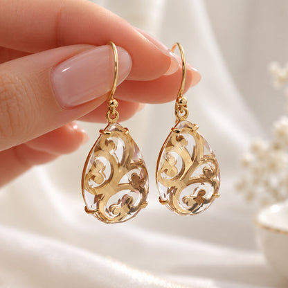 Crystal Quartz Teardrop Earrings – Handcrafted Openwork Design