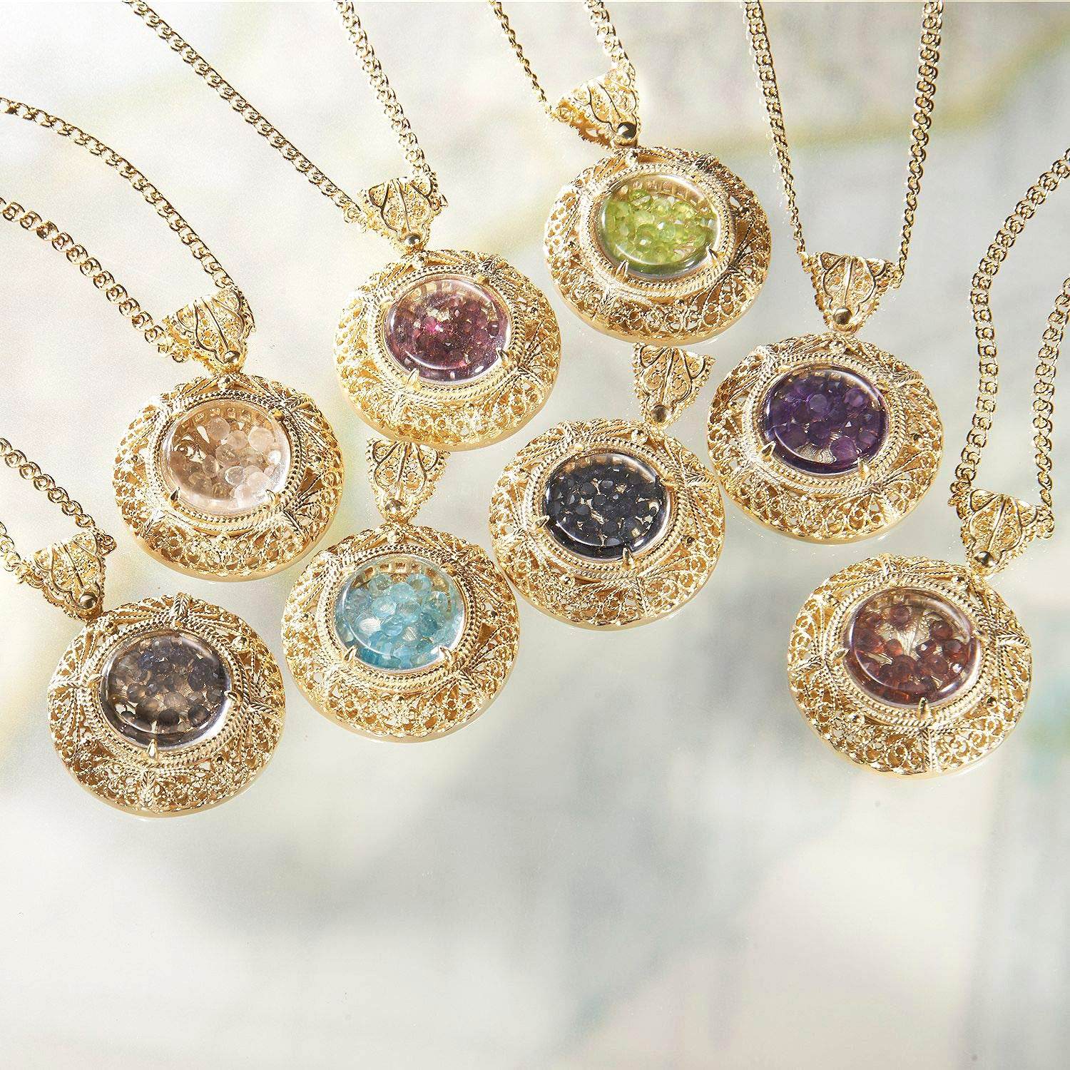 Filigree Locket Shaker Pendant with Floating Gemstones – 36 in. Love Link Chain - TurkishBling