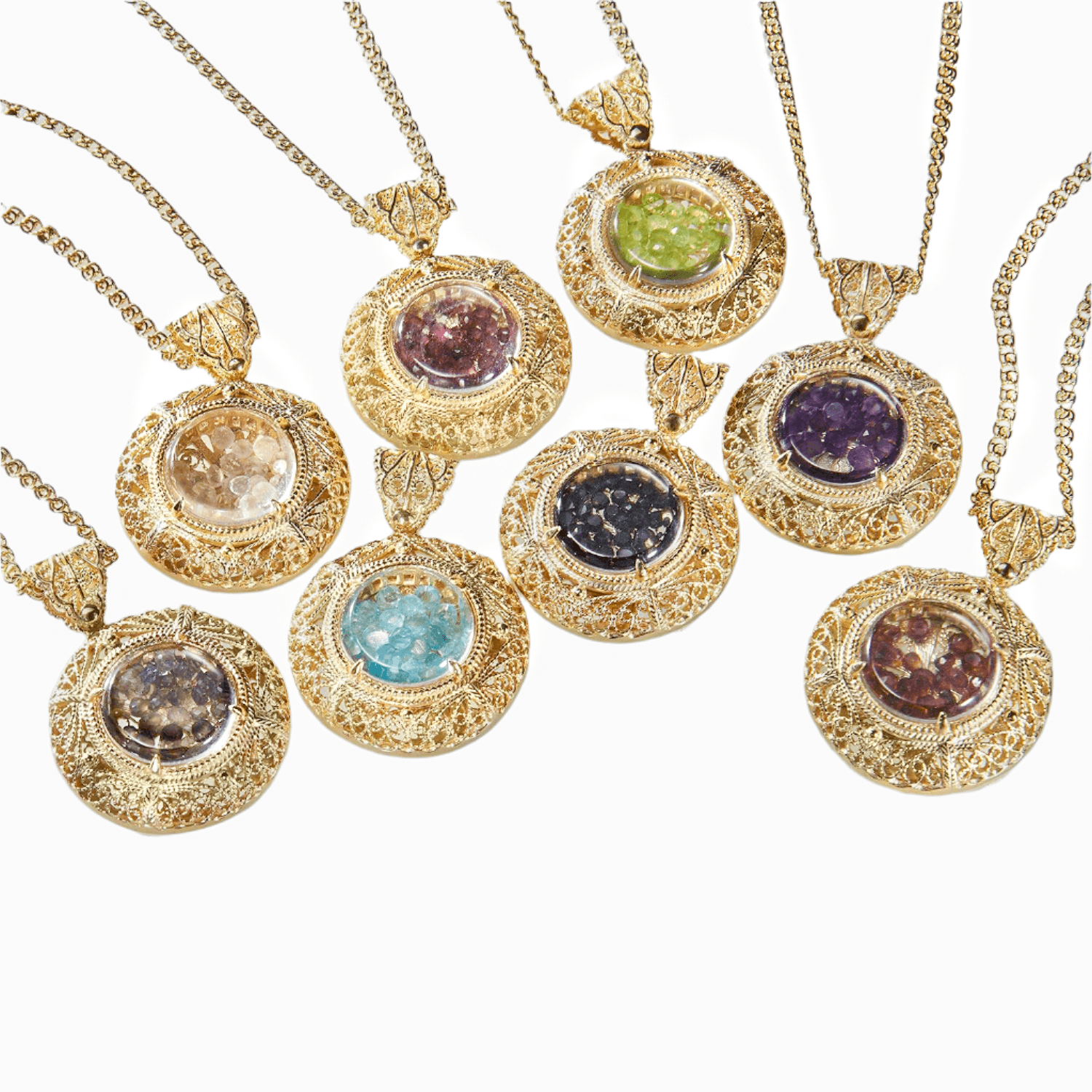 Filigree Locket Shaker Pendant with Floating Gemstones – 36 in. Love Link Chain - TurkishBling