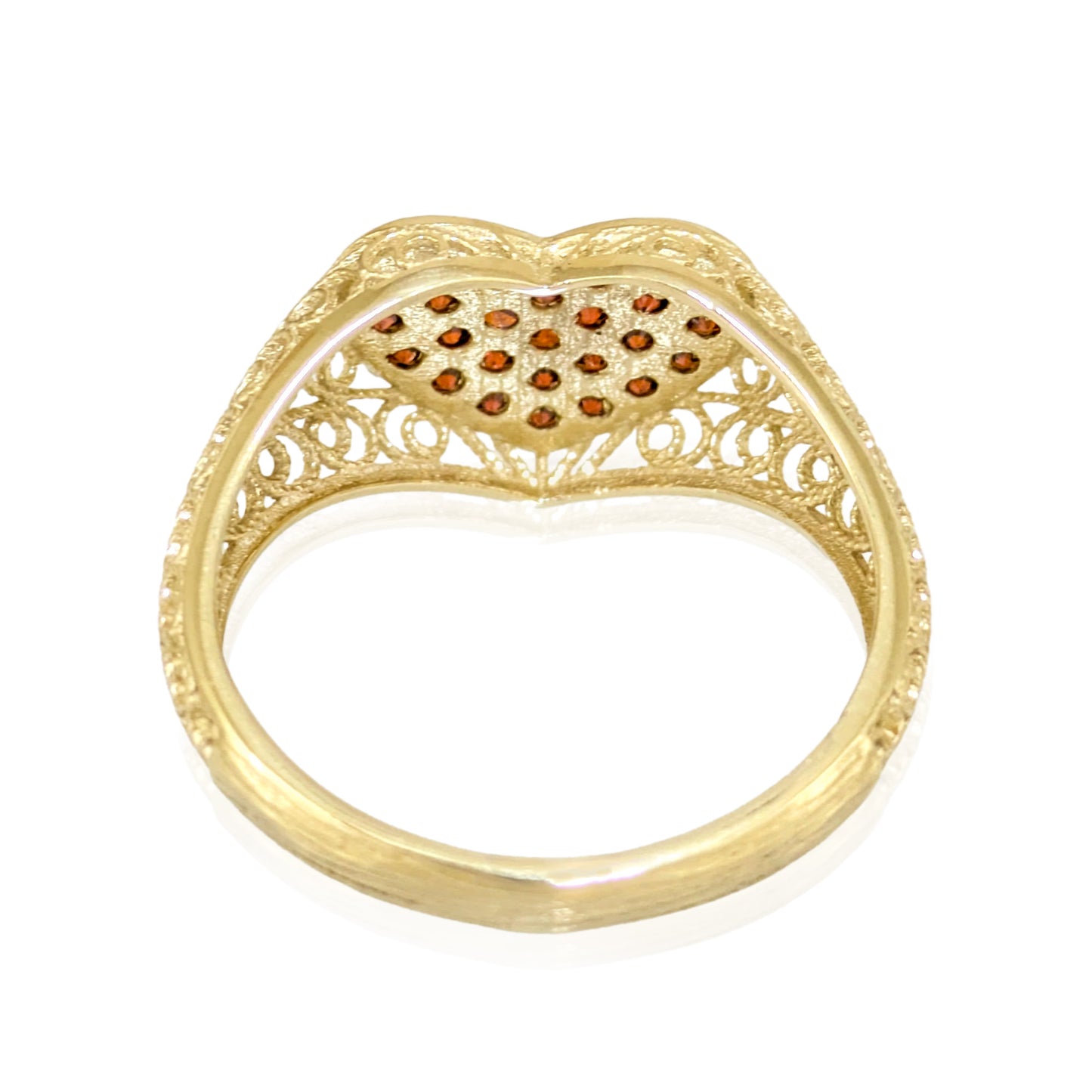 Heart Filigree Ring with Red Cubic Zirconia – Romantic Gold Statement Ring